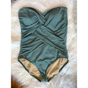 Lands End Green Shine Slimming Bandeau One Piece Swimsuit Size 16